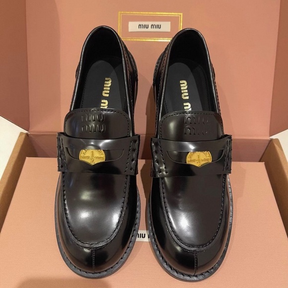 Miu Miu Black Loafers with Gold Accent - Picture 1 of 9